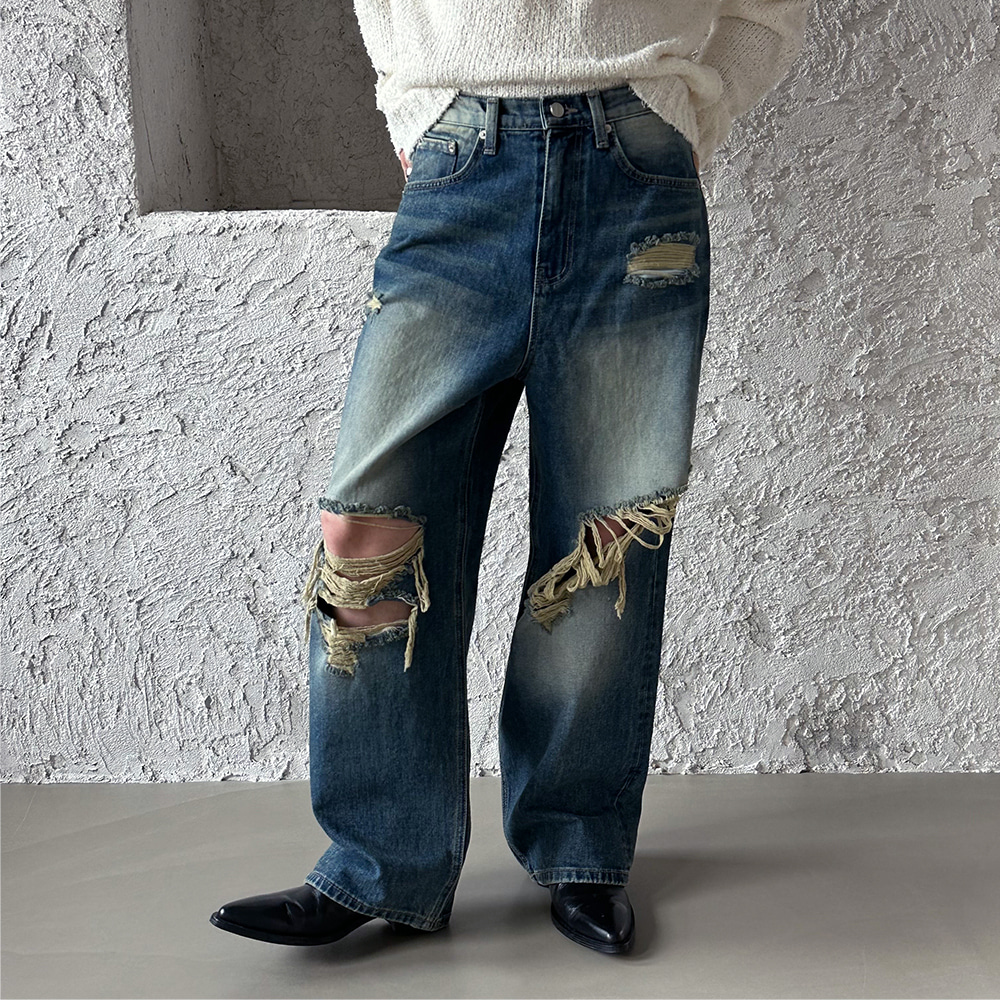 [Unisex]  Destroyed wide denim pants(2color)