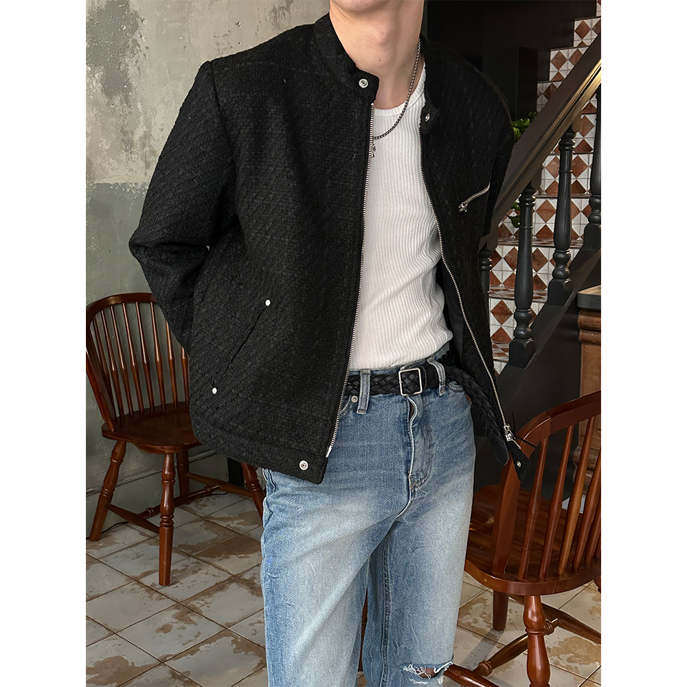 [Unisex] Tweed zipper biker jacket
