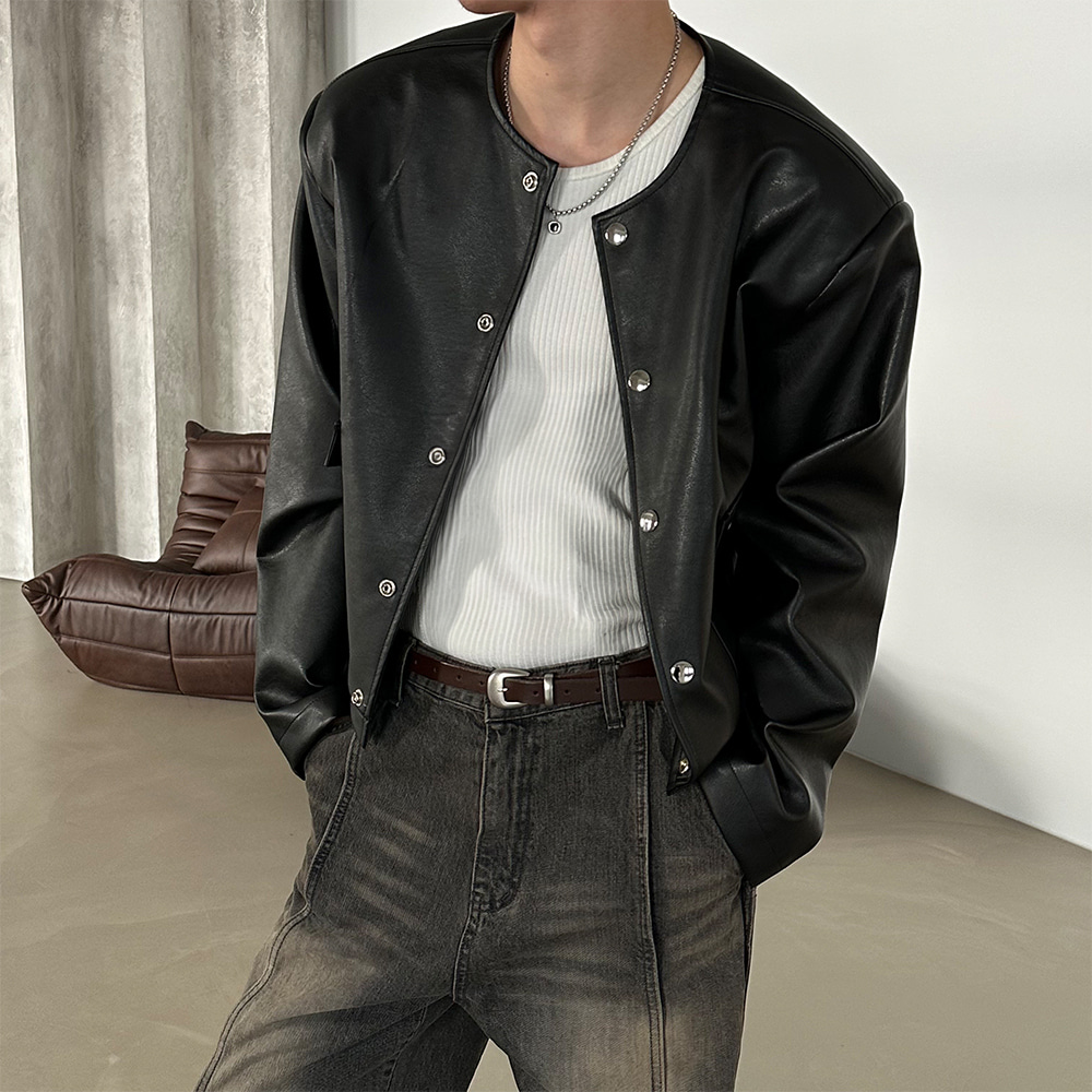 [Unisex] Round neck leather crop jacket(2color)