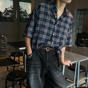 [Unisex] Summer linen check half shirts(3color)