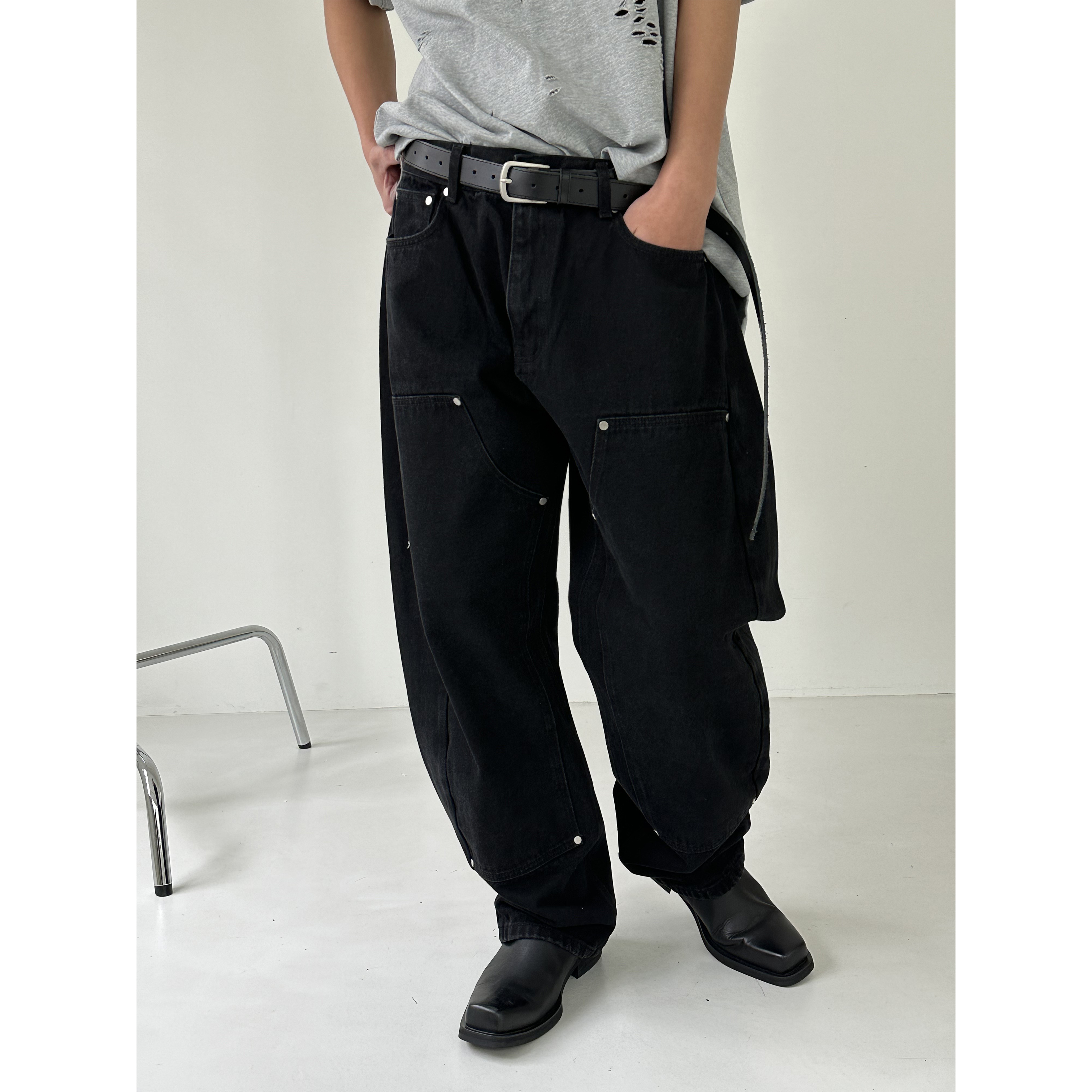 [SET UP가능] Black double rivet pants