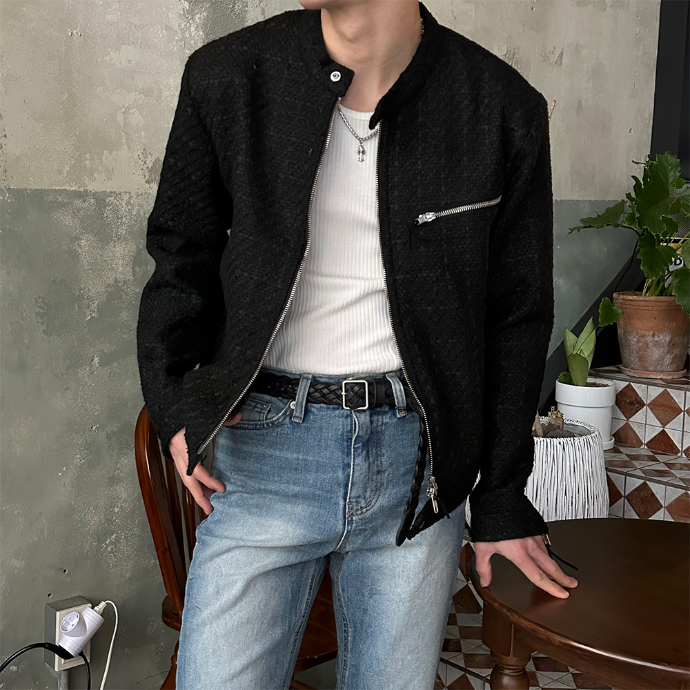 [Unisex] Tweed zipper biker jacket