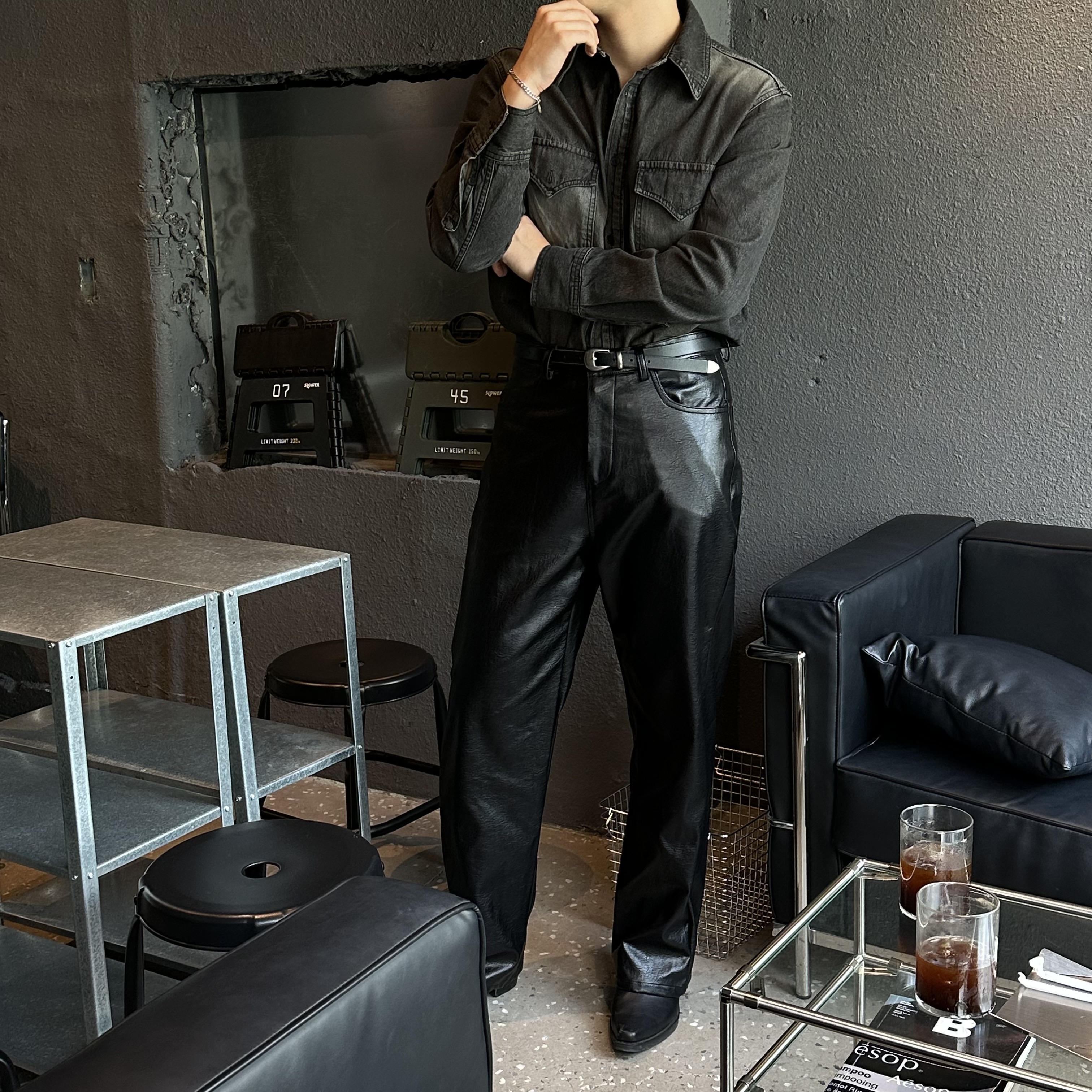 [Unisex] Leather semi wide pants(2color)