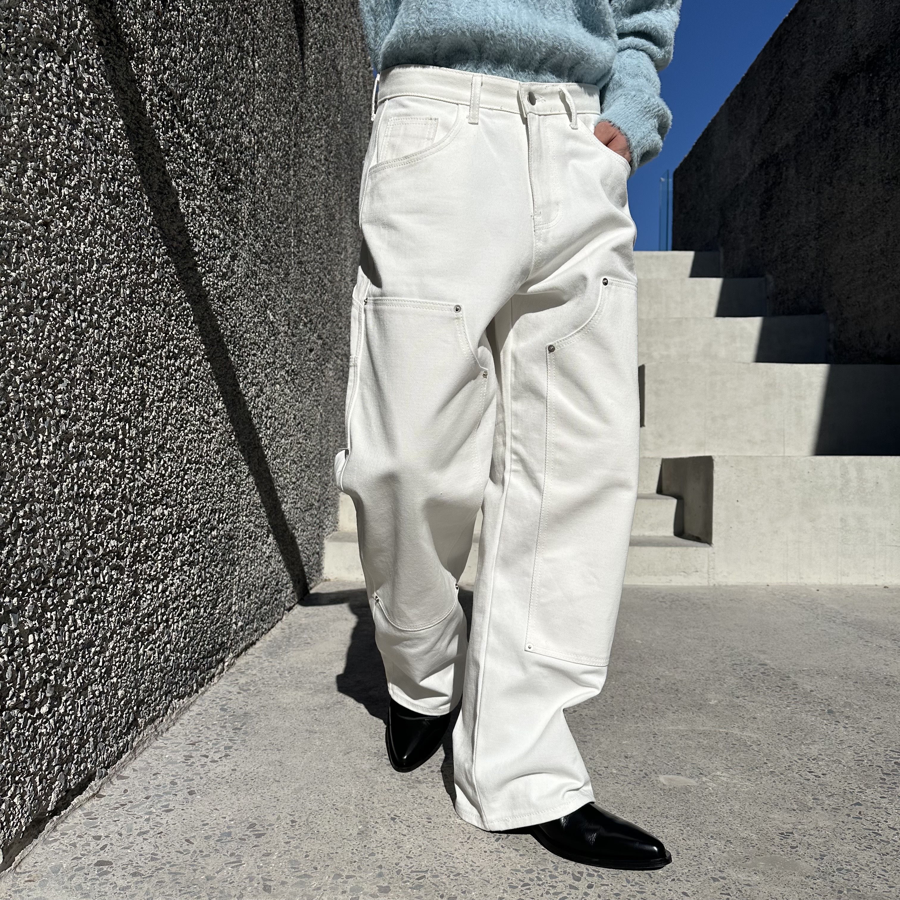 [Unisex] Double rivet white denim pants
