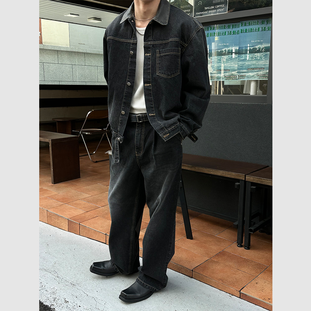 [SET UP가능] Leather kara denim jacket(2color)