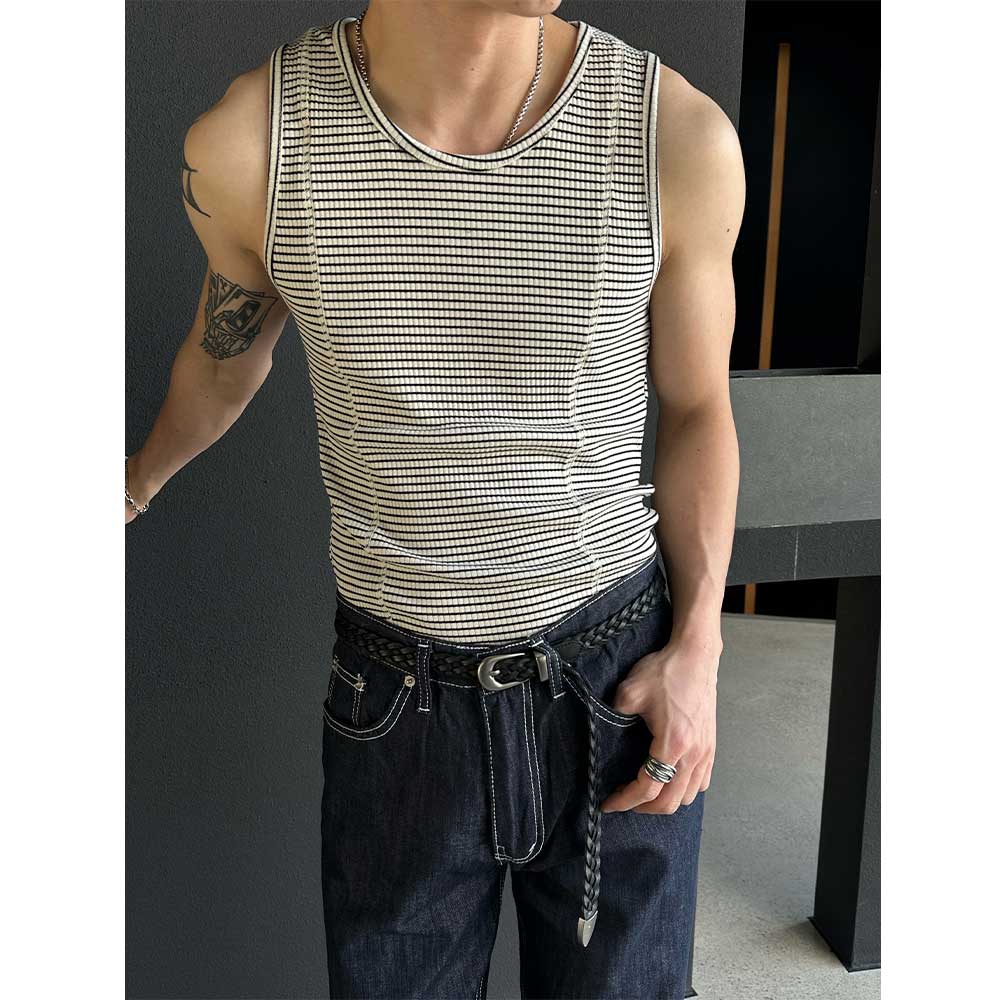 [MUSCLE FIT] Stripe muscle cutting sleeveless(3color)