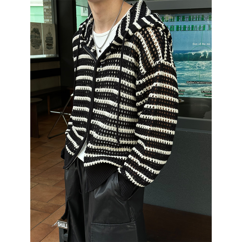 [Unisex] Mesh stripe warmer hood zip up(3color)