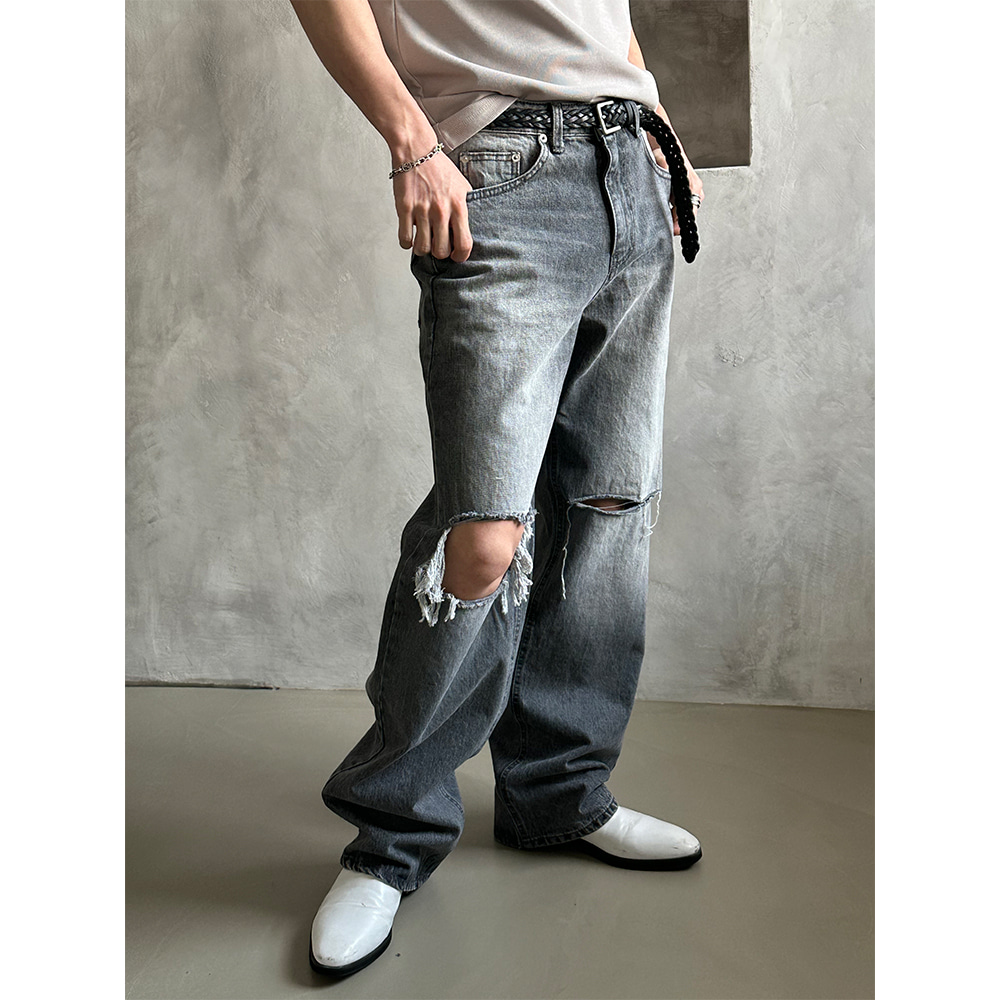 [Unisex] Daily gray destroyed denim pants