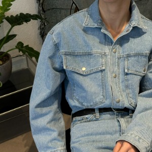 [Unisex] Crop denim shirts jacket(Lightblue)