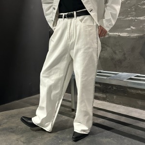 [Unisex] Cutting stitch denim pants(White)