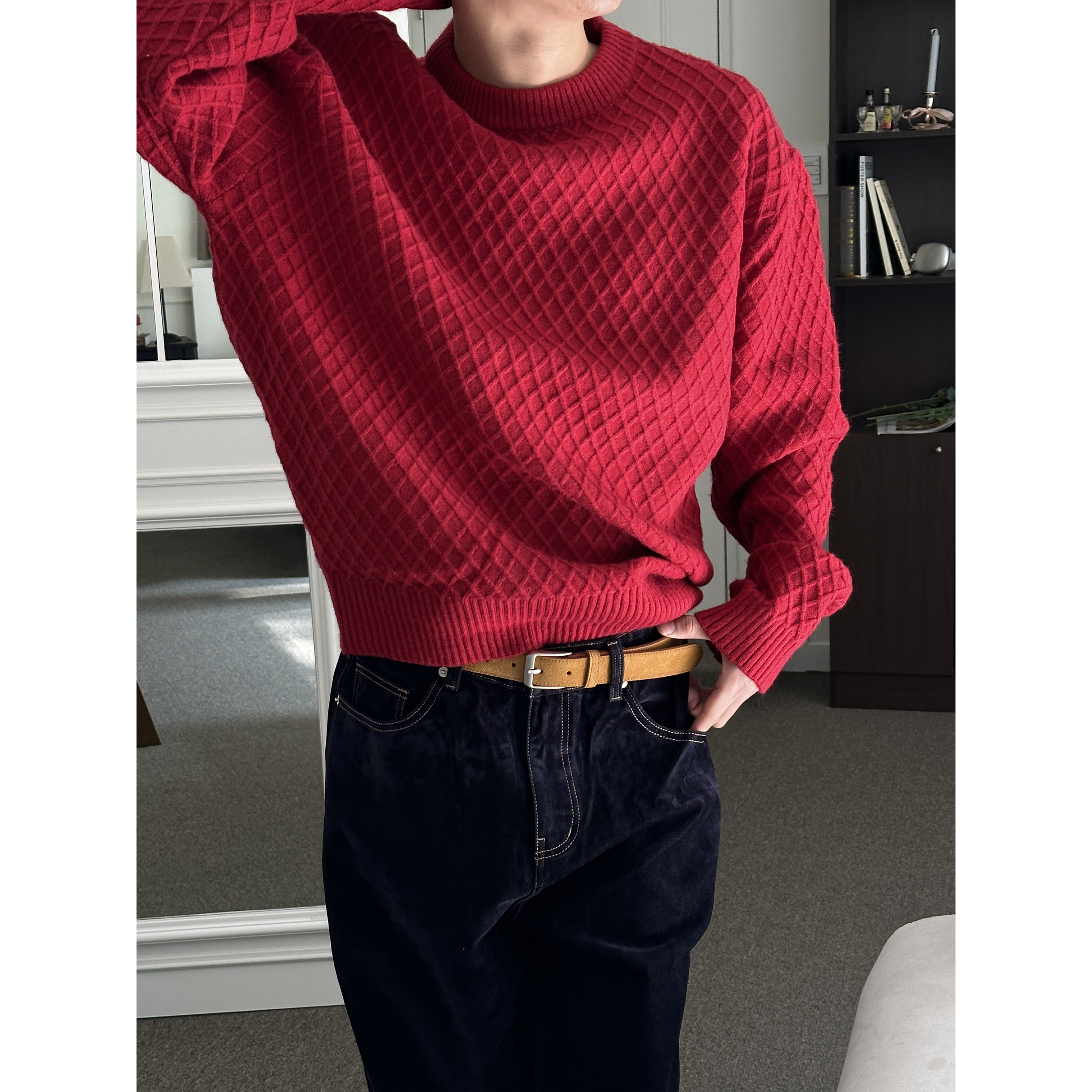 [PREMIUM] Dia pattern round neck knit(4color)