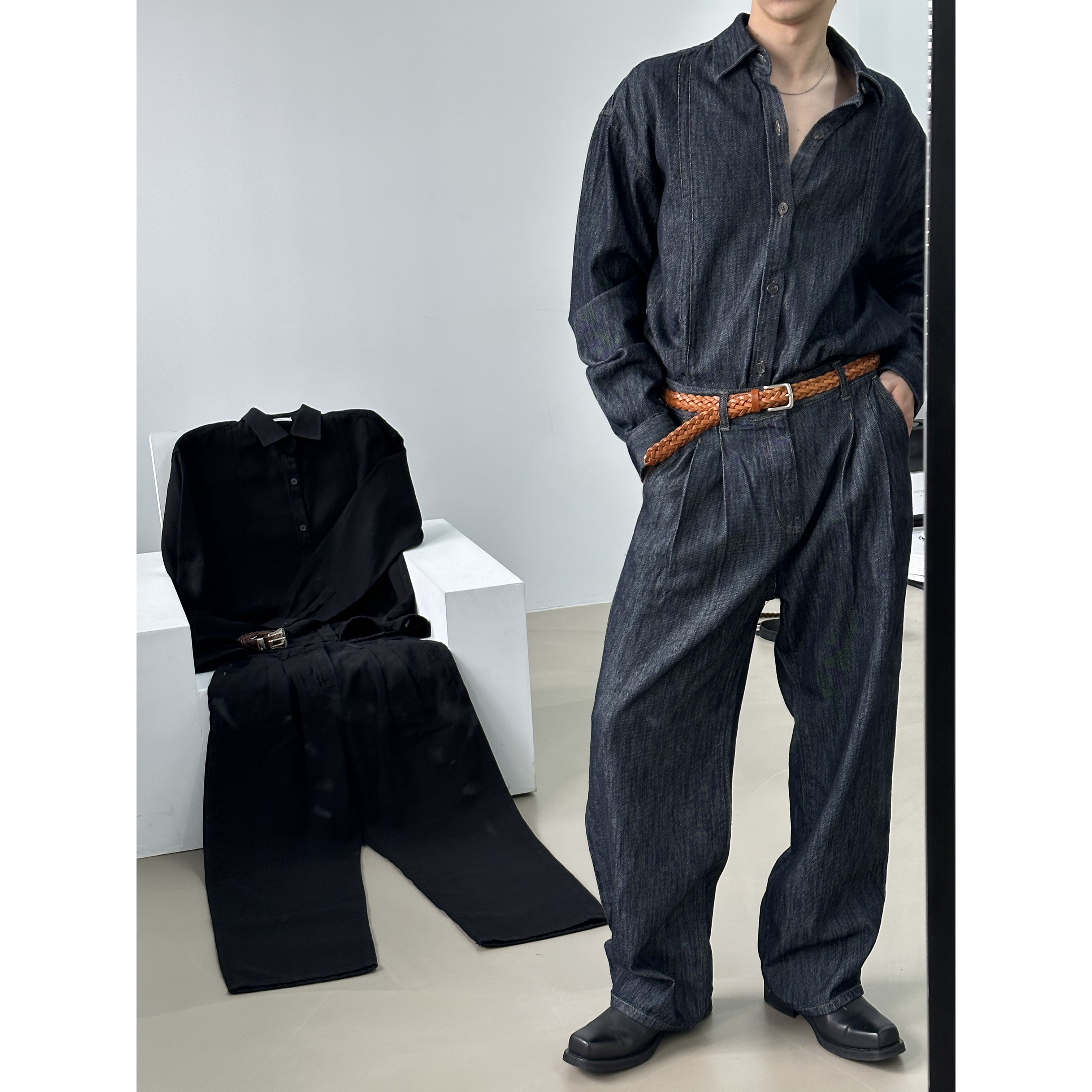 [Unisex] Premium linen two tuck pants(Blue)